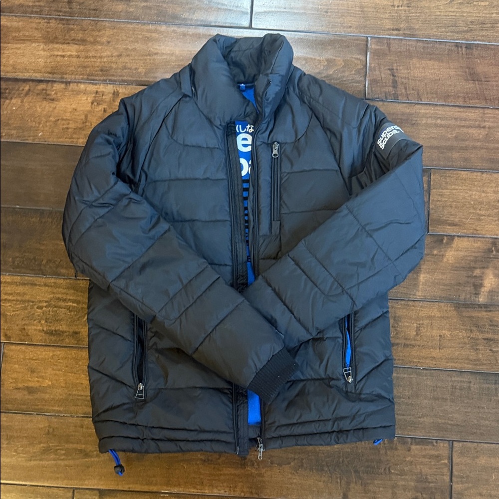 Superdry Dark Puffer Jacket with Vibrant Blue Details